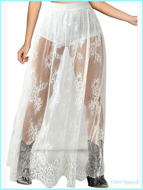 Sheer Lace Maxi Skirt High Waist A Line Flowy Long Skirt